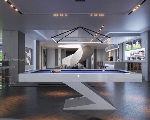 Billiard Table, Game Room, Interior, Pendant Lights, Wood Texture Flooring