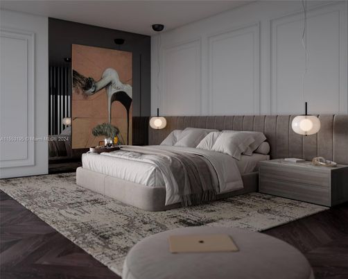 Bedroom, Interior, Pendant Lights, Wood Texture Flooring