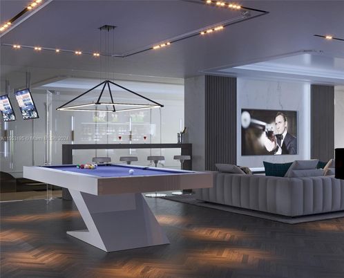 Billiard Table, Game Room, Interior, Pendant Lights, Wood Texture Flooring