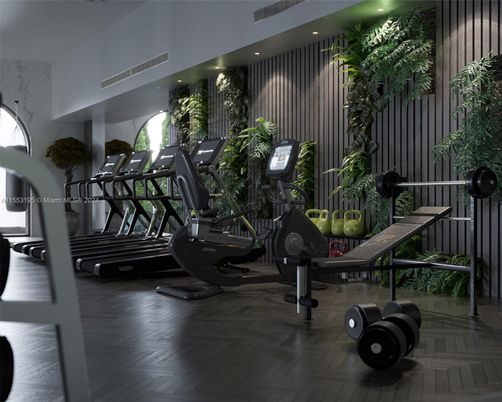 Fitness Equipment, Gym, Interior, Recessed Lighting, Wood Texture Flooring