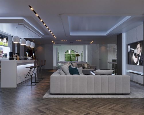 Interior, Living room, Pendant Lights, Wood Texture Flooring