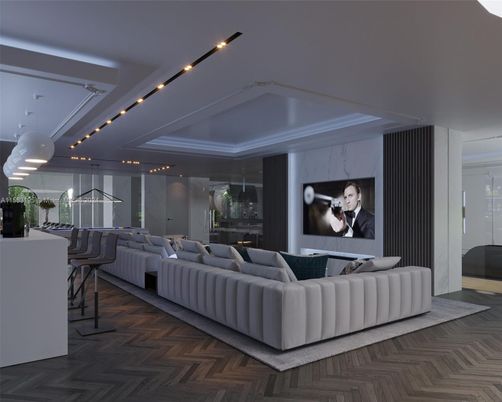 Interior, Living room, Pendant Lights, Projection Screen, Theatre Room, Wood Texture Flooring
