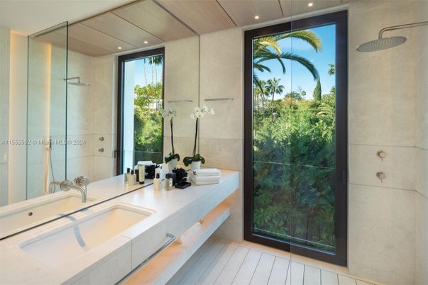 Bathroom, Dual Sink Vanities, Interior, Recessed Lighting, Wooden Ceilings