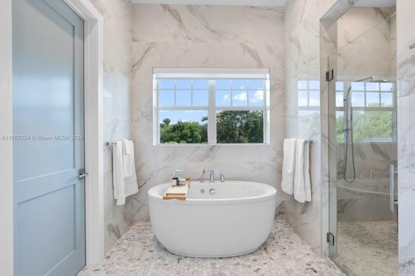 Bathroom, Free Standing Baths, Glass Shower, Interior, Marble Walls
