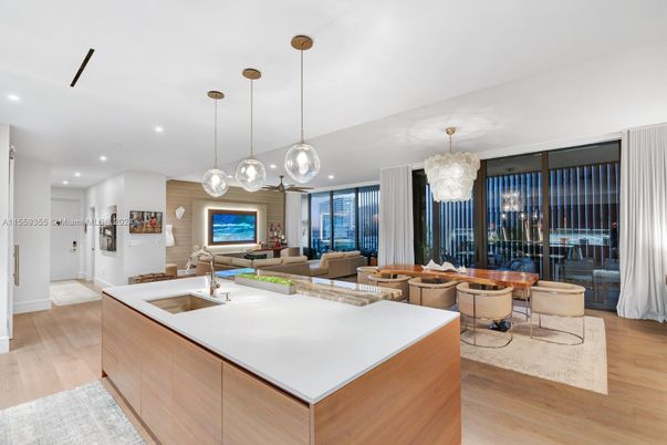 Chandelier, Dining room, Interior, Kitchen, Living room, Pendant Lights, Recessed Lighting, Wood Texture Flooring