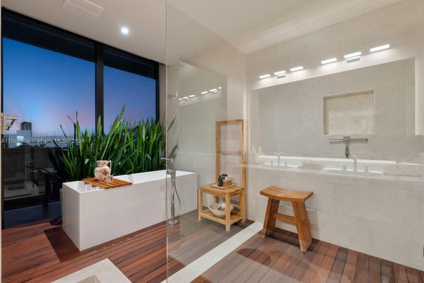 Bathroom, Glass Shower, Interior, Recessed Lighting, Wood Texture Flooring