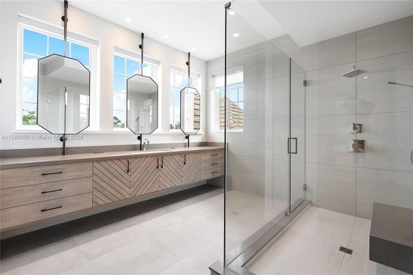 Bathroom, Dual Sink Vanities, Glass Shower, Interior, Marble, Recessed Lighting
