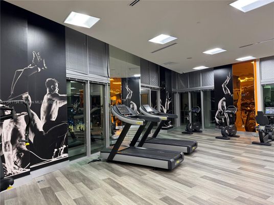 Fitness Equipment, Gym, Interior, Recessed Lighting, Wood Texture Flooring