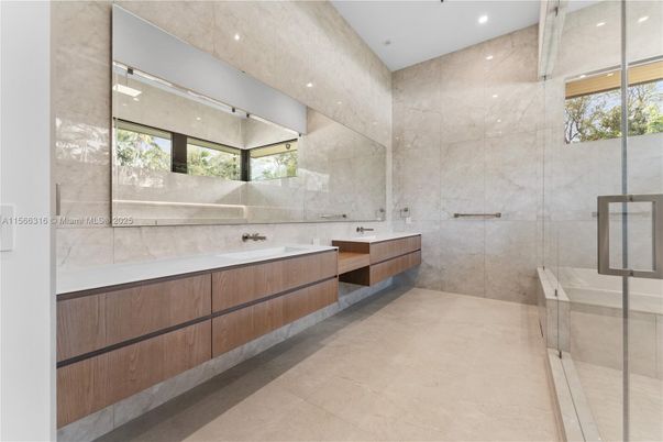 Bathroom, Dual Sink Vanities, Glass Shower, Interior, Recessed Lighting