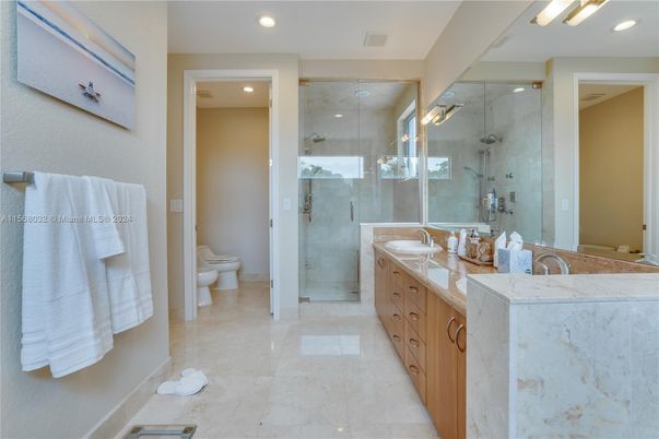 Bathroom, Dual Sink Vanities, Glass Shower, Interior, Recessed Lighting