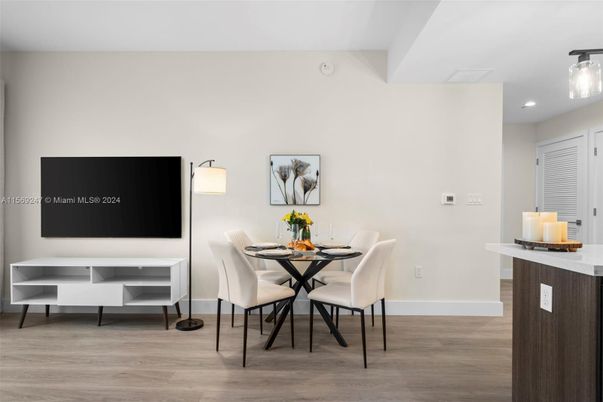 Dining room, Interior, Recessed Lighting, Wood Texture Flooring