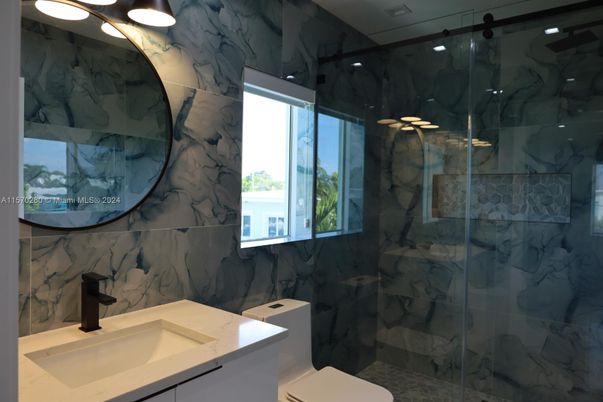 Bathroom, Glass Shower, Interior, Marble Walls