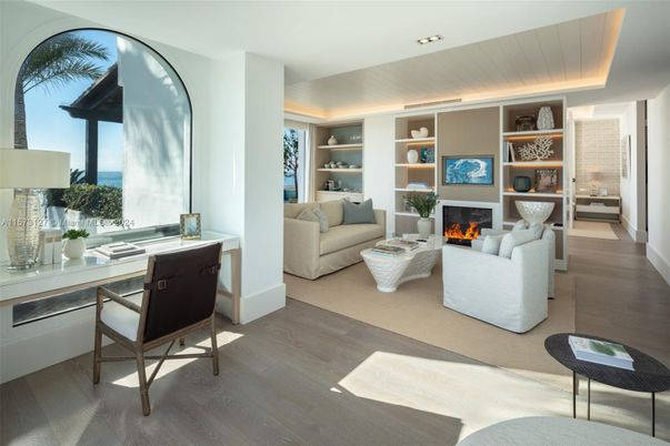 Fireplace, Home Office, Interior, Living room, Recessed Lighting, Wood Texture Flooring