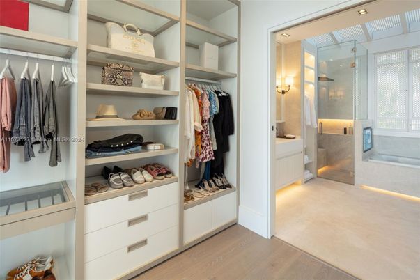 Bathroom, Glass Shower, Interior, Walk-in Closets, Wood Texture Flooring