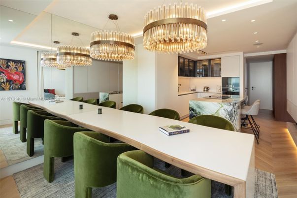 Chandelier, Dining room, Interior, Kitchen, Pendant Lights, Recessed Lighting, Stainless Steel Appliances, Wood Texture Flooring