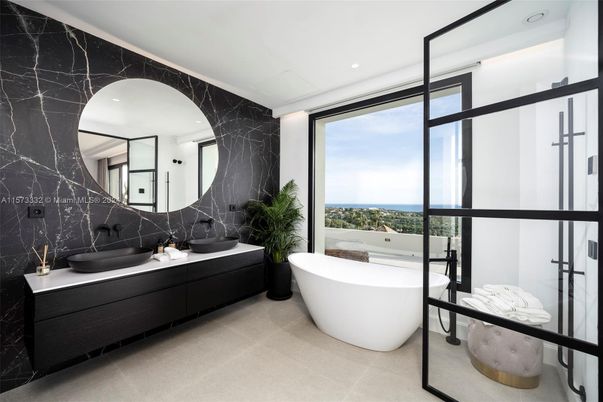 Bathroom, Dual Sink Vanities, Free Standing Baths, Interior, Marble Walls, Recessed Lighting