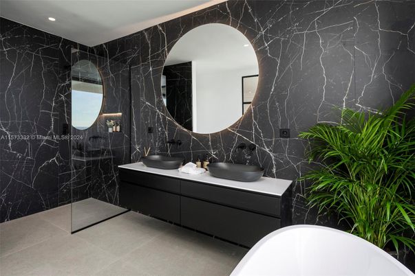 Bathroom, Dual Sink Vanities, Free Standing Baths, Interior, Marble Walls, Recessed Lighting