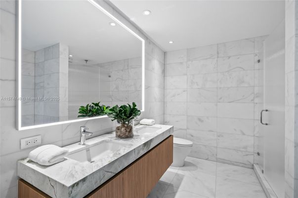 Bathroom, Glass Shower, Interior, Marble, Marble Walls, Recessed Lighting