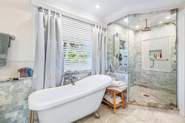 Bathroom, Free Standing Baths, Glass Shower, Interior, Marble, Marble Walls, Recessed Lighting