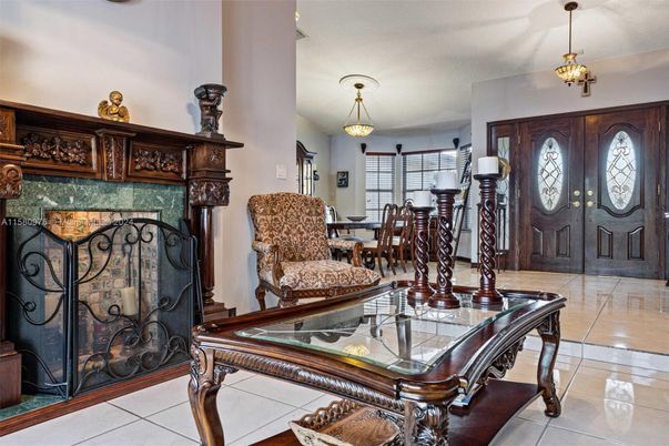 Dining room, Fireplace, Interior, Pendant Lights