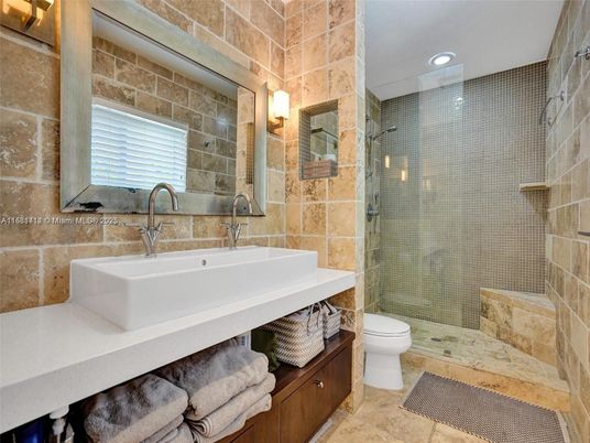 Bathroom, Glass Shower, Interior, Recessed Lighting, Stone Walls