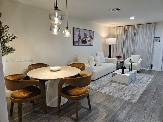 Dining room, Interior, Living room, Pendant Lights, Recessed Lighting, Wood Texture Flooring