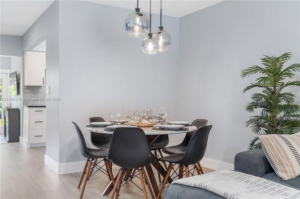 Dining room, Interior, Pendant Lights, Wood Texture Flooring