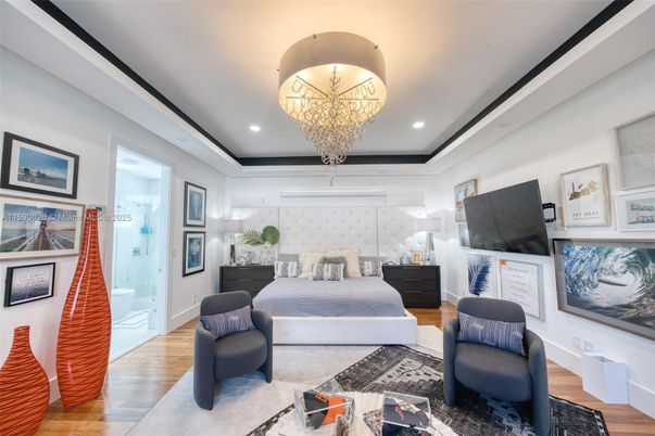Bedroom, Chandelier, Interior, Recessed Lighting, Wood Texture Flooring