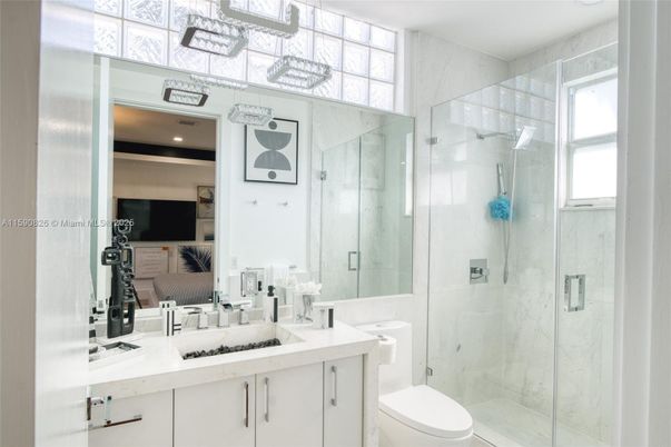 Bathroom, Glass Shower, Interior, Marble Walls, Recessed Lighting