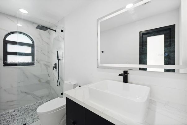 Bathroom, Glass Shower, Interior, Marble, Marble Walls, Recessed Lighting