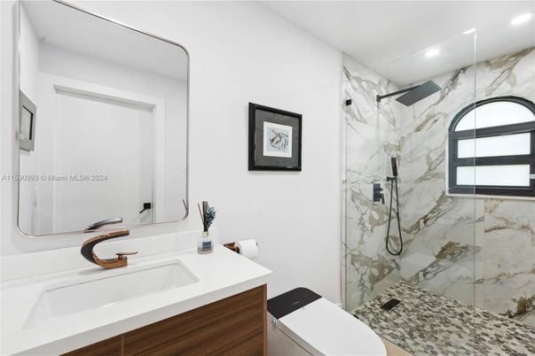 Bathroom, Glass Shower, Interior, Marble Walls, Recessed Lighting