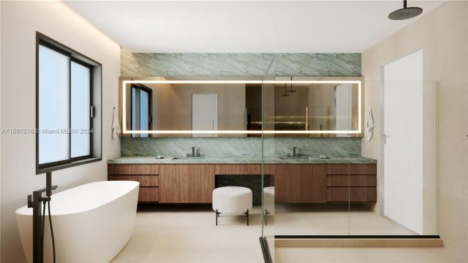Bathroom, Dual Sink Vanities, Free Standing Baths, Glass Shower, Interior, Marble Walls