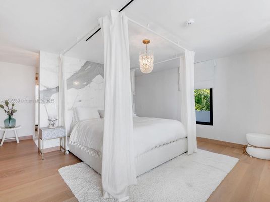 Bedroom, Chandelier, Interior, Wood Texture Flooring