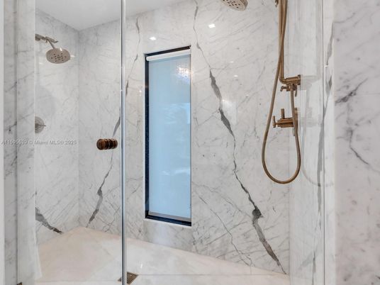 Bathroom, Glass Shower, Interior, Marble Walls, Recessed Lighting