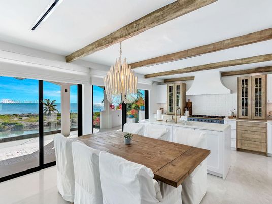Chandelier, Dining room, Interior, Kitchen, Stainless Steel Appliances, Water, Wooden Beams