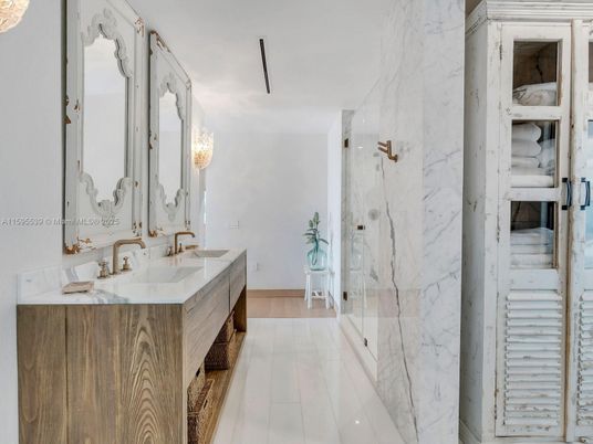 Bathroom, Dual Sink Vanities, Glass Shower, Interior, Marble, Marble Walls, Wood Texture Flooring