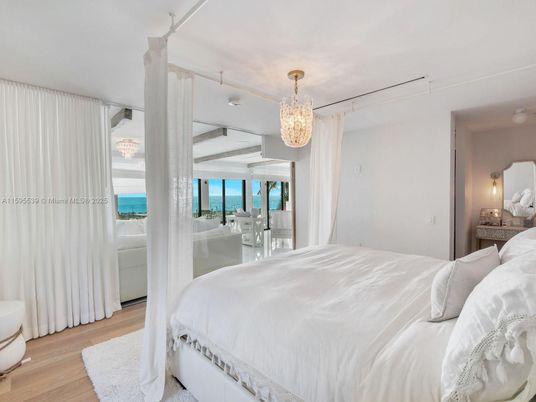 Bedroom, Chandelier, Interior, Water, Wood Texture Flooring
