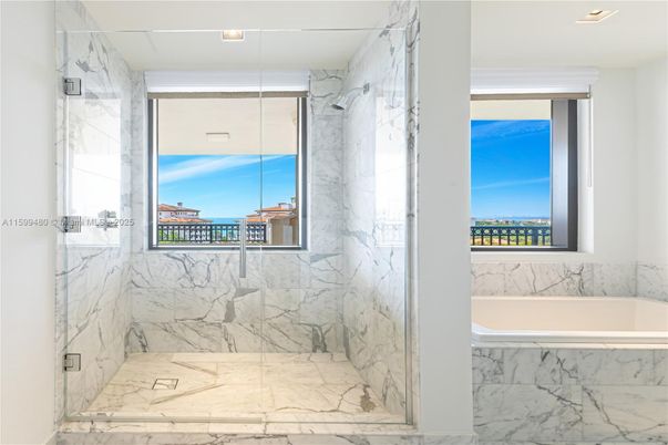 Bathroom, Glass Shower, Interior, Marble, Marble Walls, Recessed Lighting