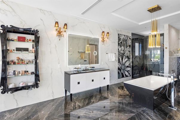 Bathroom, Dual Sink Vanities, Free Standing Baths, Interior, Marble, Marble Walls, Pendant Lights