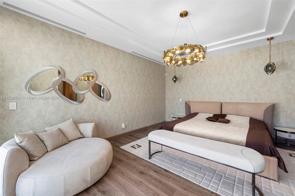 Bedroom, Interior, Pendant Lights, Wood Texture Flooring