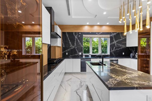 Interior, Kitchen, Marble, Marble Walls, Pendant Lights, Recessed Lighting