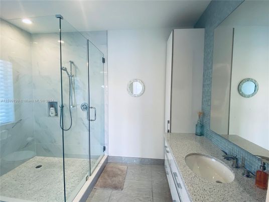 Bathroom, Glass Shower, Interior, Marble Walls, Recessed Lighting
