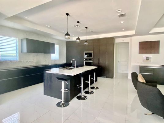 Interior, Kitchen, Marble, Pendant Lights, Recessed Lighting, Stainless Steel Appliances