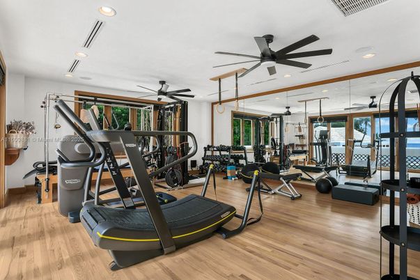 Fitness Equipment, Gym, Interior, Recessed Lighting, Wood Texture Flooring