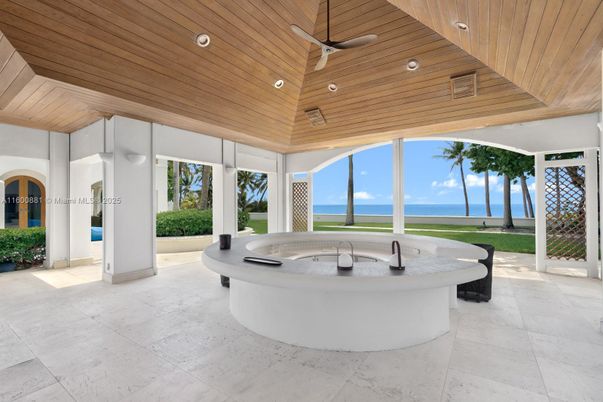 Exterior, Hot Tub, Recessed Lighting, Water, Wooden Ceilings