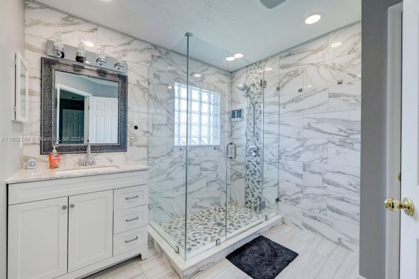 Bathroom, Glass Shower, Interior, Marble, Marble Walls, Recessed Lighting