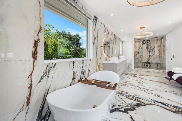 Bathroom, Free Standing Baths, Glass Shower, Interior, Marble, Marble Walls, Recessed Lighting