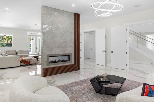 Fireplace, Interior, Living room, Marble, Pendant Lights, Recessed Lighting
