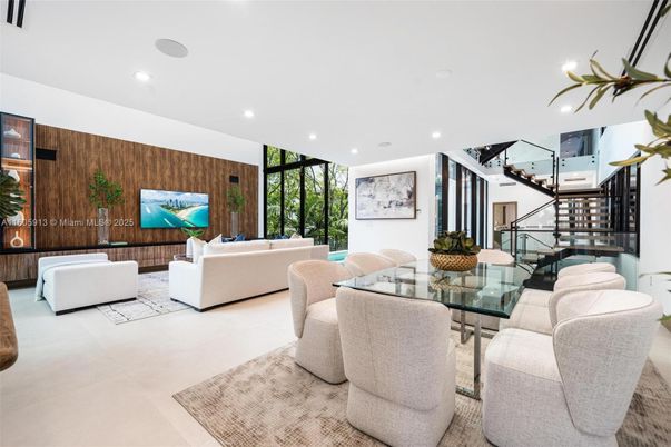 Dining room, Interior, Living room, Recessed Lighting, Wooden Walls