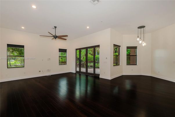 Empty room, Interior, Pendant Lights, Recessed Lighting, Wood Texture Flooring